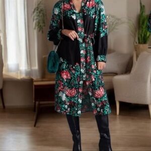 Anthropologie Black Dress with Vibrant Floral Pattern / elegant Dress